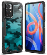 Redmi Note 11T 5G / Poco M4 Pro 5G Case | Fusion-X - Black rugged phone case with blue camo back and front view.