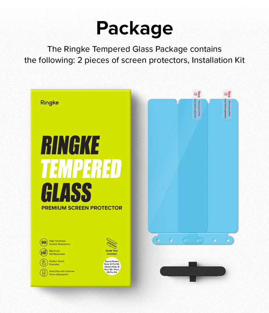 the ringke tempered glass pakage contains the following: 2 pieces of screen protectors, installation kit