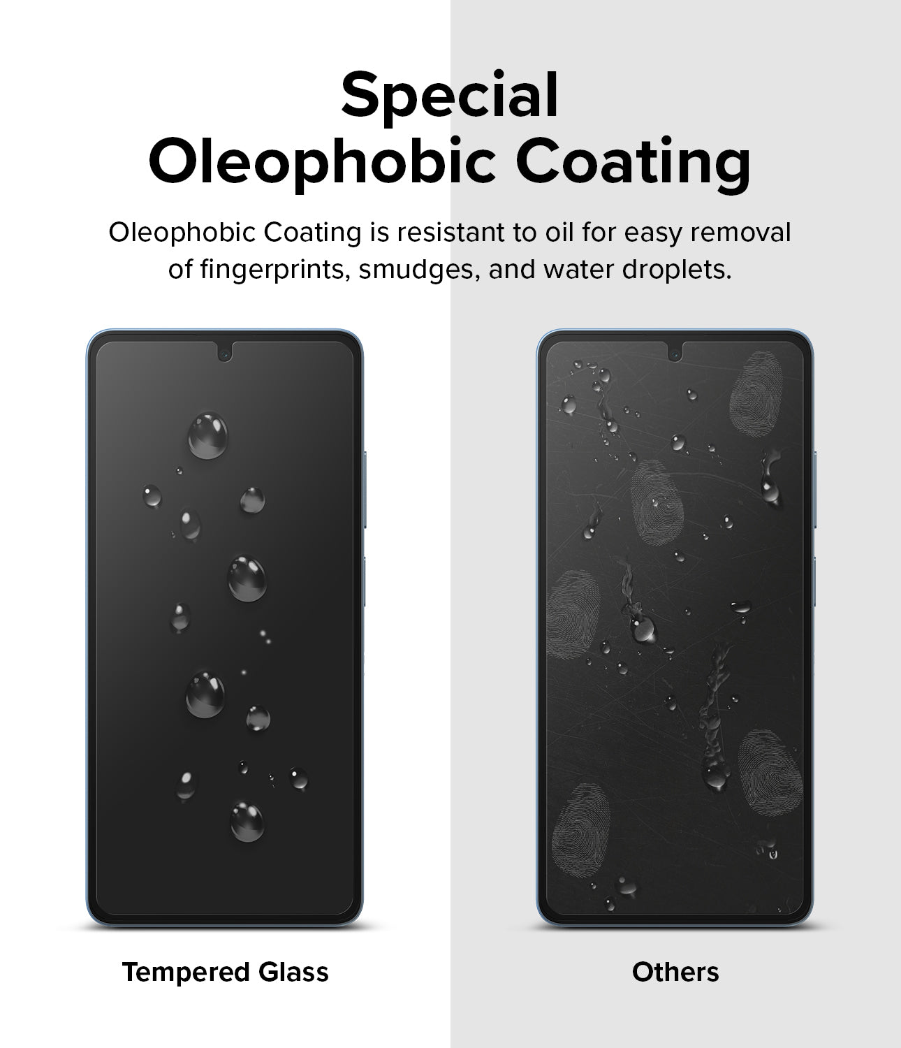 Oleophobic Coating is resistant to oil for easy removal of fingerprints, smudges, and water droplets