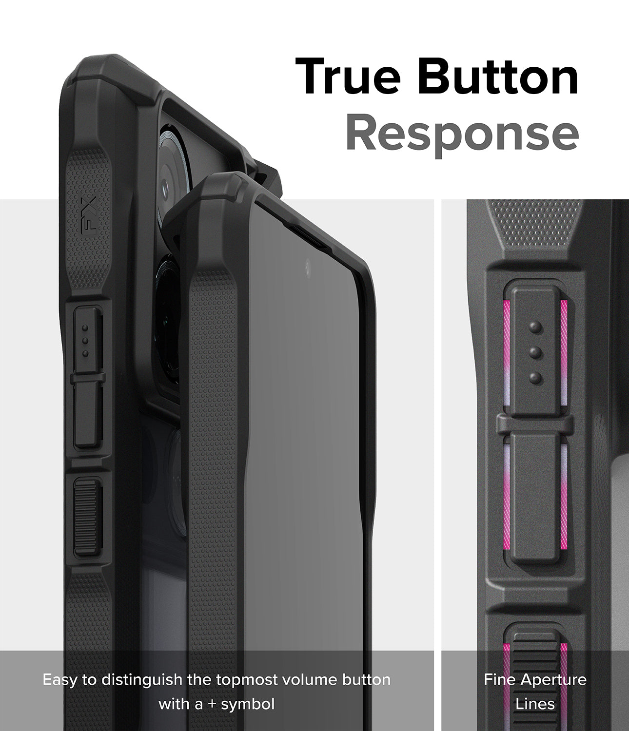 Redmi Note 13 Pro / Poco X6 Case | Fusion-X Black - True Button Response. Easy to distinguish the topmost volume button with a + symbol. Fine Aperture Lines