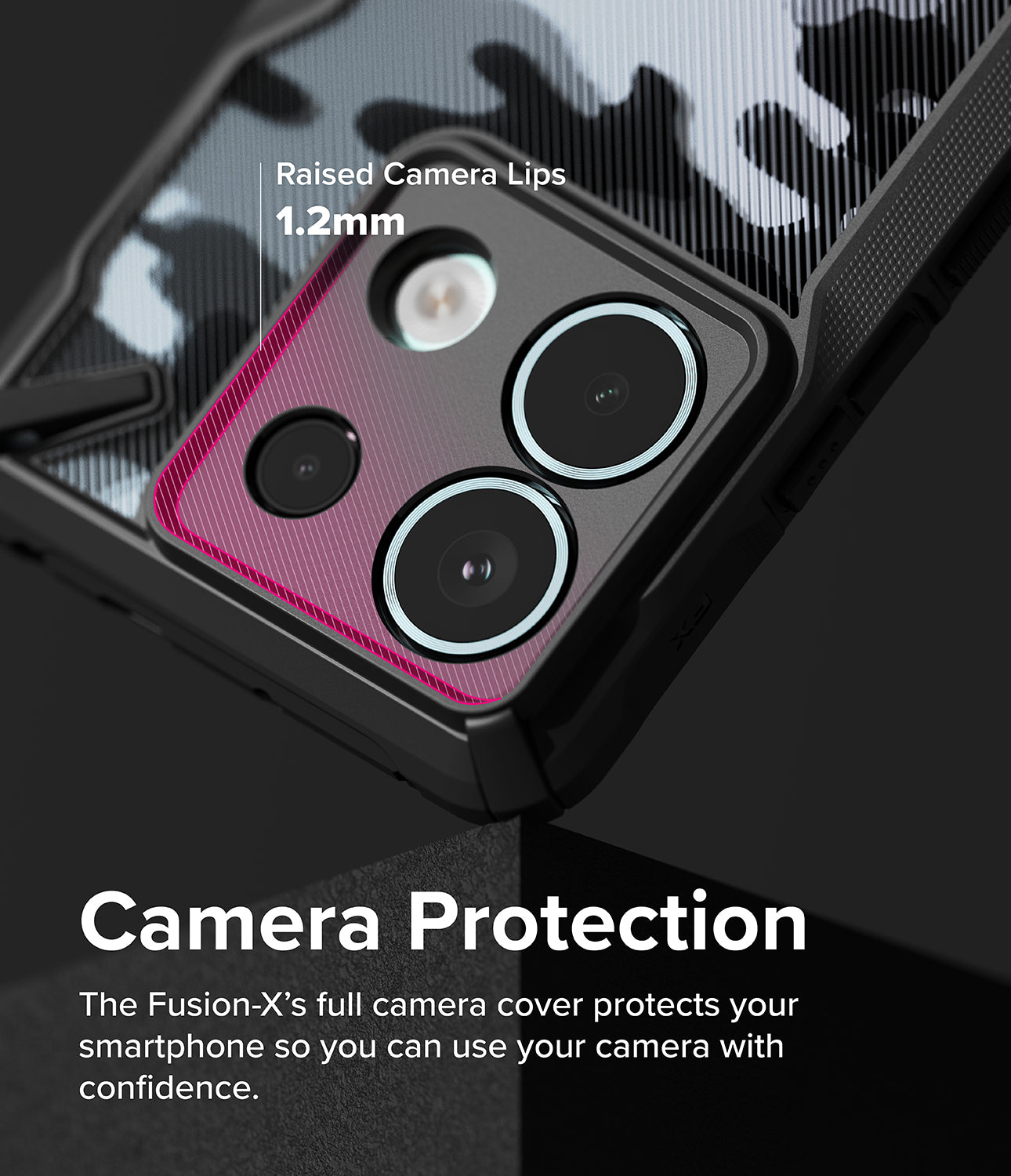 Redmi Note 13 Pro / Poco X6 Case | Fusion-X Camo Black - Camera Protection. The Fusion-X's full camera cover protects your smartphone so you can use your camera with confidence.