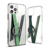 Ring Band Strap - Two clear phone cases featuring a green V-shaped fabric strap and a black metal finger ring attachment.