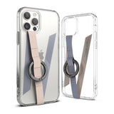 Ring Band Strap - Two clear phone cases featuring colorful fabric straps and integrated black metal finger rings.