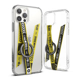 Ring Band Strap - Two clear phone cases featuring a yellow decorative strap with black text and a circular metal ring.