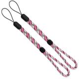 Paracord Lanyard Wrist Strap [2 Pack] - Two pink, white, and grey patterned paracord wrist straps with black connectors.
