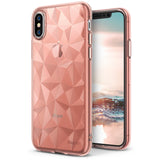 iPhone X Case | Air Prism - Rose gold geometric patterned case on an iPhone X showing front and back views.