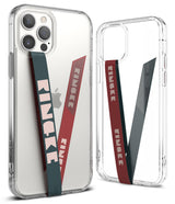 Ringke Strap Band - A person in a green sweater holds a smartphone with a grey elastic hand strap attached to the back.