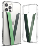 Ringke Strap Band - A person in a green sweater holding a smartphone with a grey finger strap attached to the back.