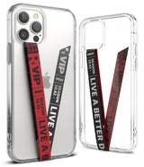 Ringke Strap Band - Person holding a smartphone with a gray elastic hand strap attached to the back case.