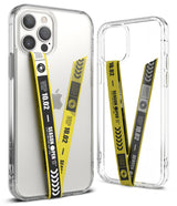 Ringke Strap Band - Person holding a smartphone with a gray elastic strap attached to the back for a secure grip.