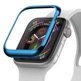 Apple Watch Series 6 / 5 / 4 / SE (40mm) | Bezel Styling - Apple Watch Bezel Styling - A metallic blue bezel accessory hovering above a silver Apple Watch with a white sport band.
