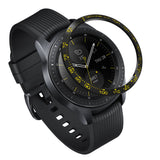 Galaxy Watch (42mm) | Bezel Styling - Black smartwatch with a floating tachymeter bezel ring featuring yellow markings.