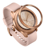 Galaxy Watch (42mm) | Bezel Styling - Rose gold smartwatch with a ribbed silicone strap and a floating metallic bezel ring.