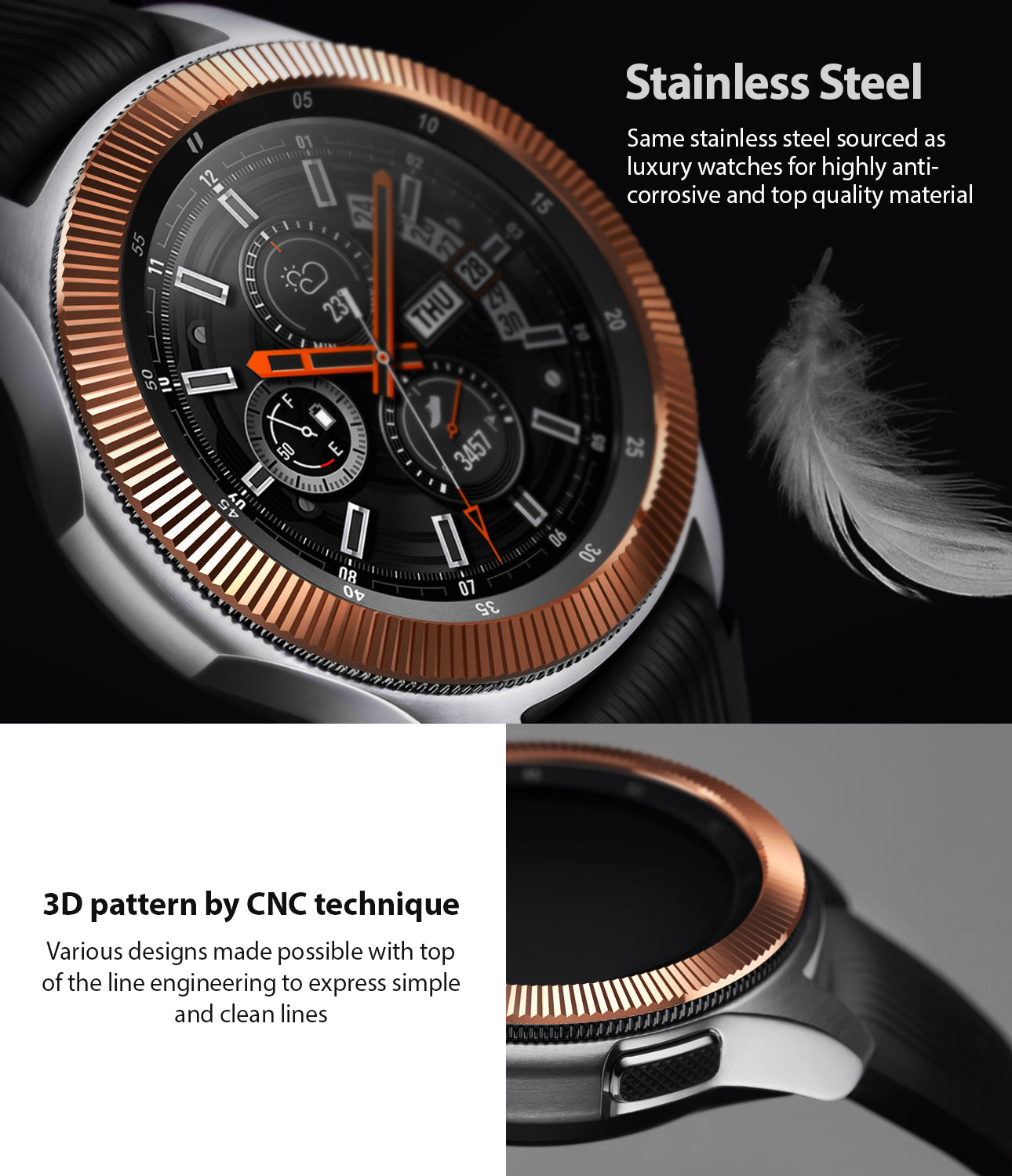 top quality stainless steel used to manufacture ringke bezel styling with 3d pattern by cnc technique for long lasting use