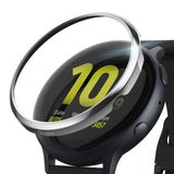 Galaxy Watch Active 2 (44mm) | Bezel Styling - A silver metallic bezel ring hovering above a black smartwatch face.