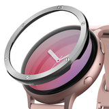 Galaxy Watch Active 2 (44mm) | Bezel Styling - A silver metal bezel ring hovering above a rose gold smartwatch face.
