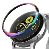 Galaxy Watch Active | Bezel Styling - Iridescent rainbow-colored metal bezel ring hovering above a silver smartwatch.