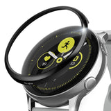 Galaxy Watch Active | Bezel Styling - A black Ringke bezel ring hovering above a silver Galaxy Watch Active with a fitness watch face.