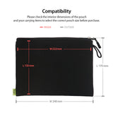 Cushion Pouch - Black zippered pouch with red interior dimension lines and grey exterior dimension lines for size reference.