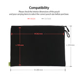 Cushion Pouch - Black zippered pouch with red interior dimension lines (262x195mm) and grey exterior lines (280x210mm).