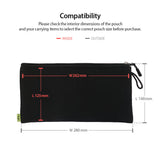 Cushion Pouch - Black zippered pouch with red interior dimension lines (262x125mm) and grey exterior lines (280x140mm).