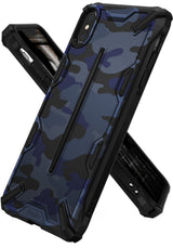 iPhone XS Case | Dual-X Design - Rugged blue camouflage phone case with black reinforced corners and textured frame.