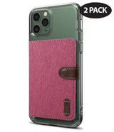 Card Holder | Flip [2 Pack] - Pink fabric flip card holder attached to a green smartphone with a brown leather-look clasp.