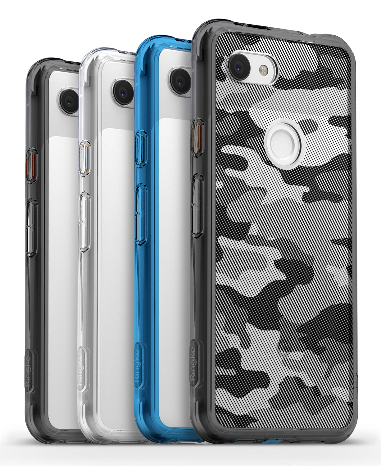Google Pixel 3a XL Case | Fusion - Four Google Pixel 3a XL phones in clear, blue, and camo-patterned Ringke Fusion cases.