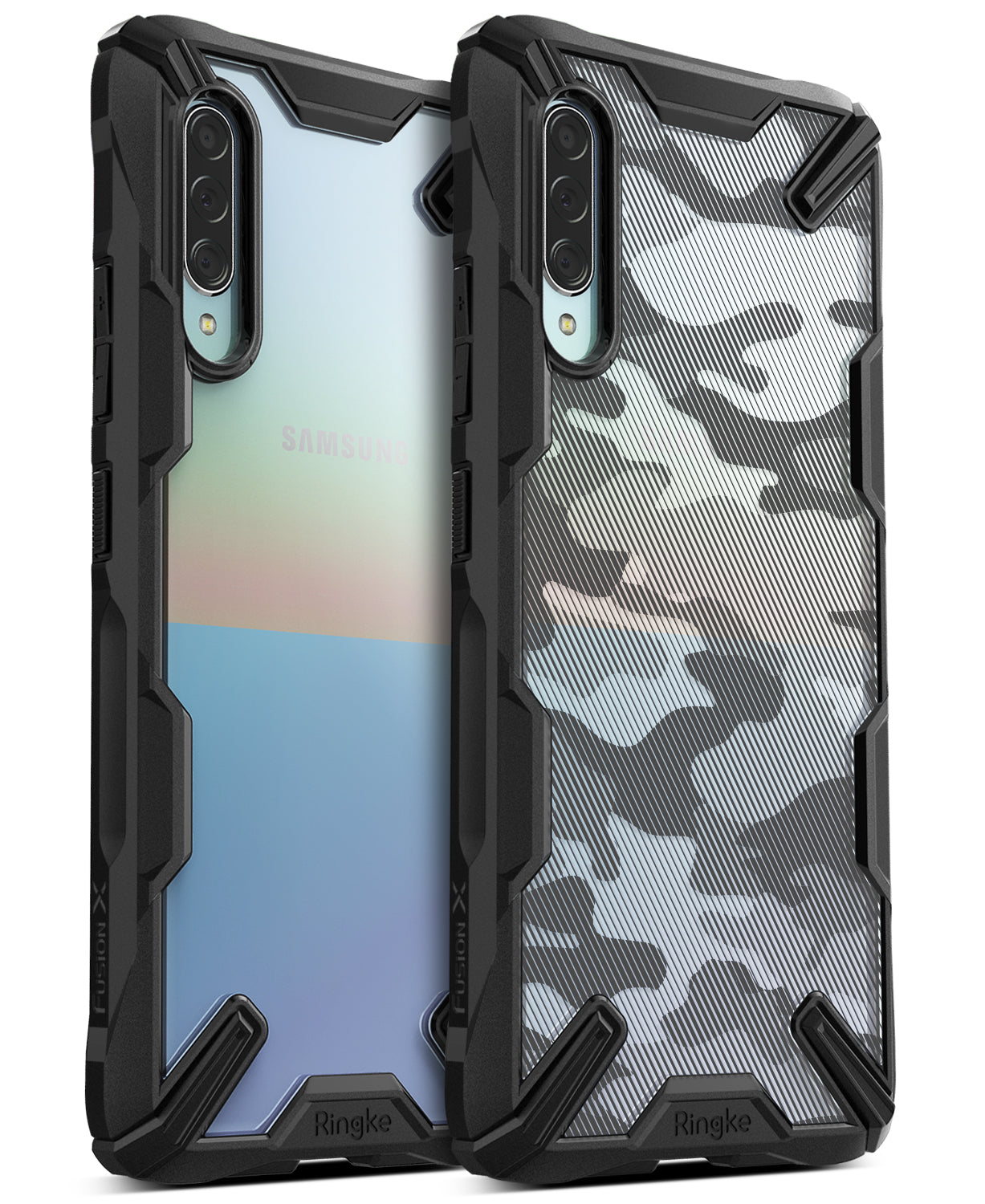 Galaxy A90 5G Case | Fusion-X - Two rugged black phone cases with clear and camouflage back panels on a white background.