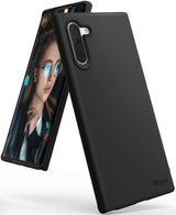 Galaxy Note 10 Case | Air-S - Matte black phone case shown from back and front, displaying camera cutout and Ringke branding.
