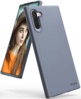 Galaxy Note 10 Case | Air-S - Lavender gray phone case shown from back and front with a woman on the screen.