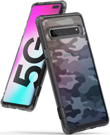 Galaxy S10 5G Case | Fusion - Clear phone case with camo pattern on a Galaxy S10 5G showing front screen and rear camera.