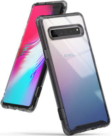 Galaxy S10 5G Case | Fusion - Two Samsung Galaxy S10 5G phones in clear, smoke-black bumper cases showing front and back views.