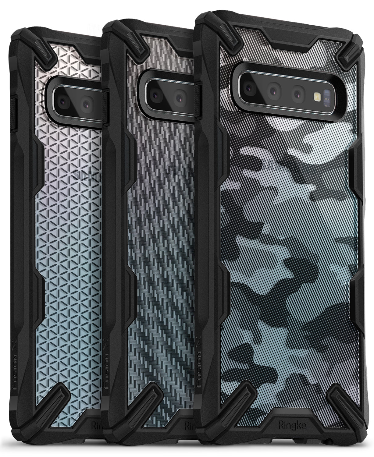 Galaxy S10 Case | Fusion-X Design - Three rugged phone cases with geometric, woven, and camo patterns on transparent backs.