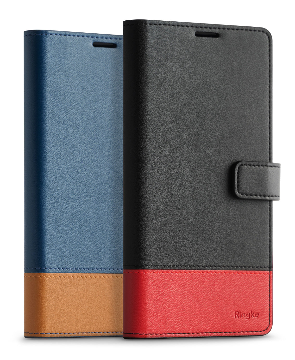 Galaxy S10 Case | Wallet - Two leather-style wallet cases in blue/tan and black/red with magnetic closures.