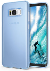 Galaxy S8 Case | Slim - Translucent light blue slim phone case shown from the back and front with a surfer wallpaper.