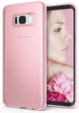 Galaxy S8 Case | Slim - Frost pink slim phone case on a Samsung Galaxy S8 displaying a woman and flowers on the screen.