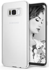 Galaxy S8 Case | Slim - Translucent white slim phone case on a Galaxy S8 displaying a black and white portrait on the screen.
