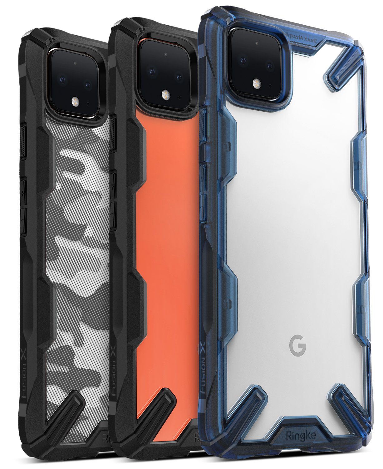 Google Pixel 4 Case | Fusion-X - Three rugged Fusion-X phone cases in camo, orange, and clear blue designs.
