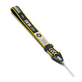 Hand Strap | Lettering - Black and yellow fabric wrist strap with white text, geometric patterns, and a black plastic connector.