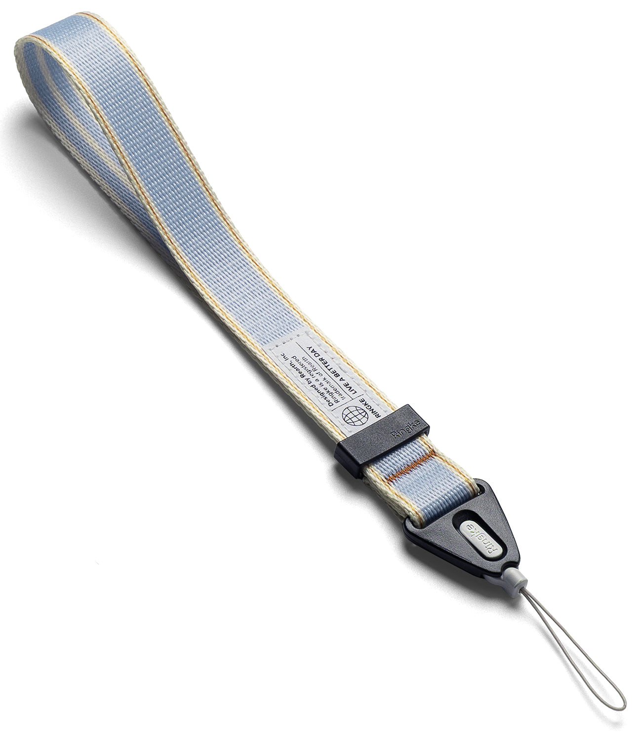 Fabric strap with a metal clip on a white background