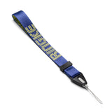 Hand Strap | Lettering - Blue fabric strap with yellow text, black plastic buckle, and a thin cord loop attachment.