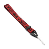 Hand Strap | Lettering - Red fabric wrist strap with black "LIVE" lettering, black plastic buckle, and thin attachment loop.