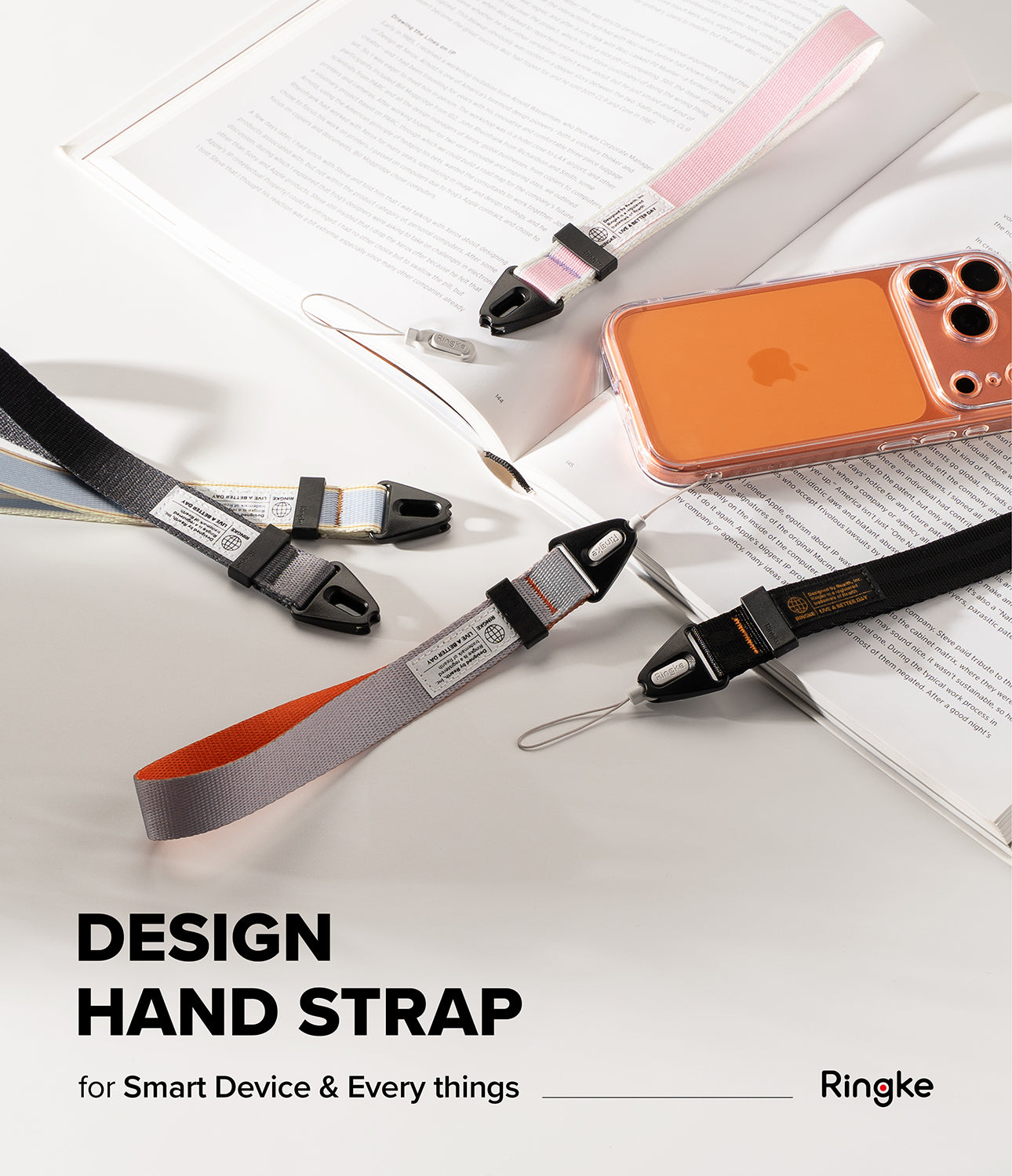 Design hand strap with smartphone on a white surface