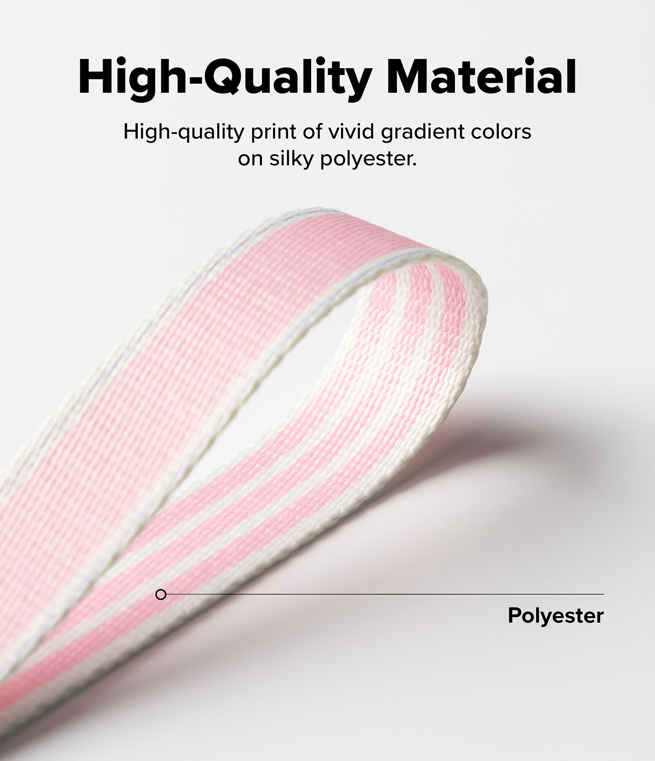 Silky polyester ribbon with pink and white gradient on a light gray background