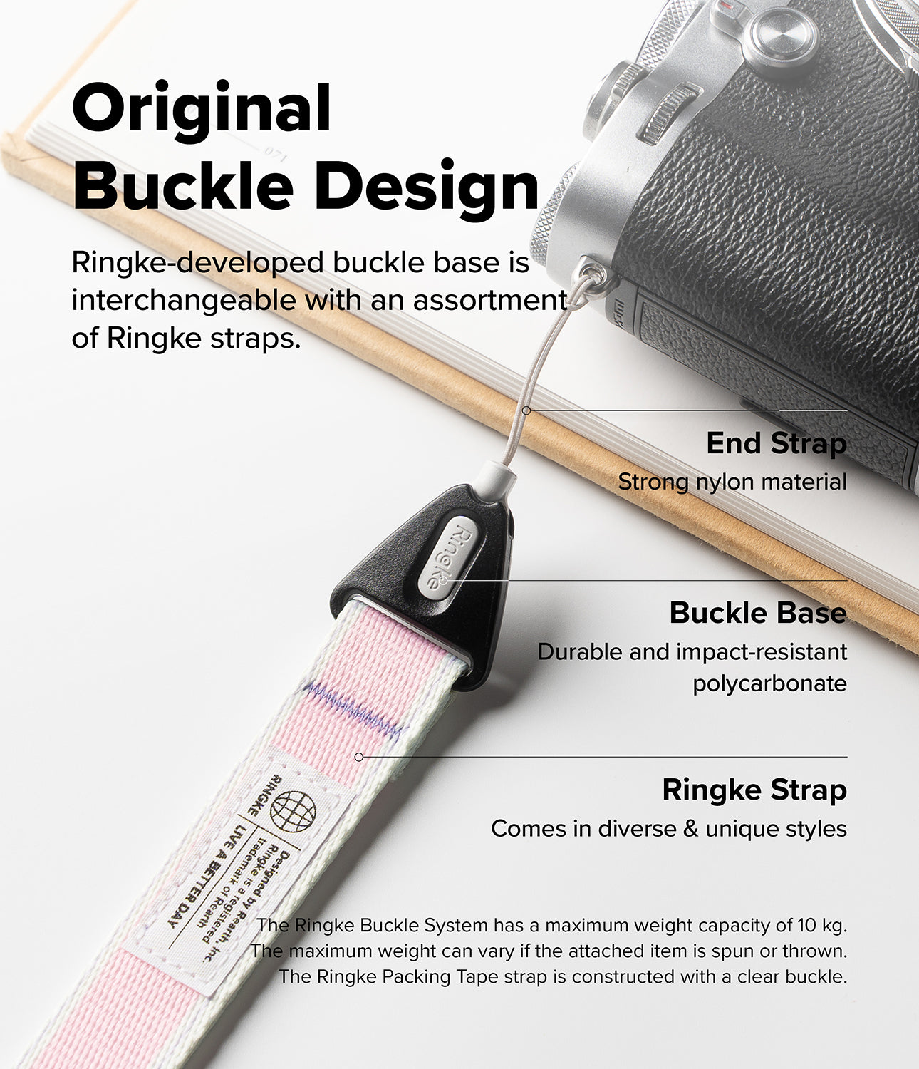 Camera strap with Ringke buckle system on a white background