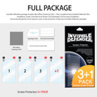 LG G5 Screen Protector | Invisible Defender - Package contents including four screen protectors, cleaning cloth, and tools.