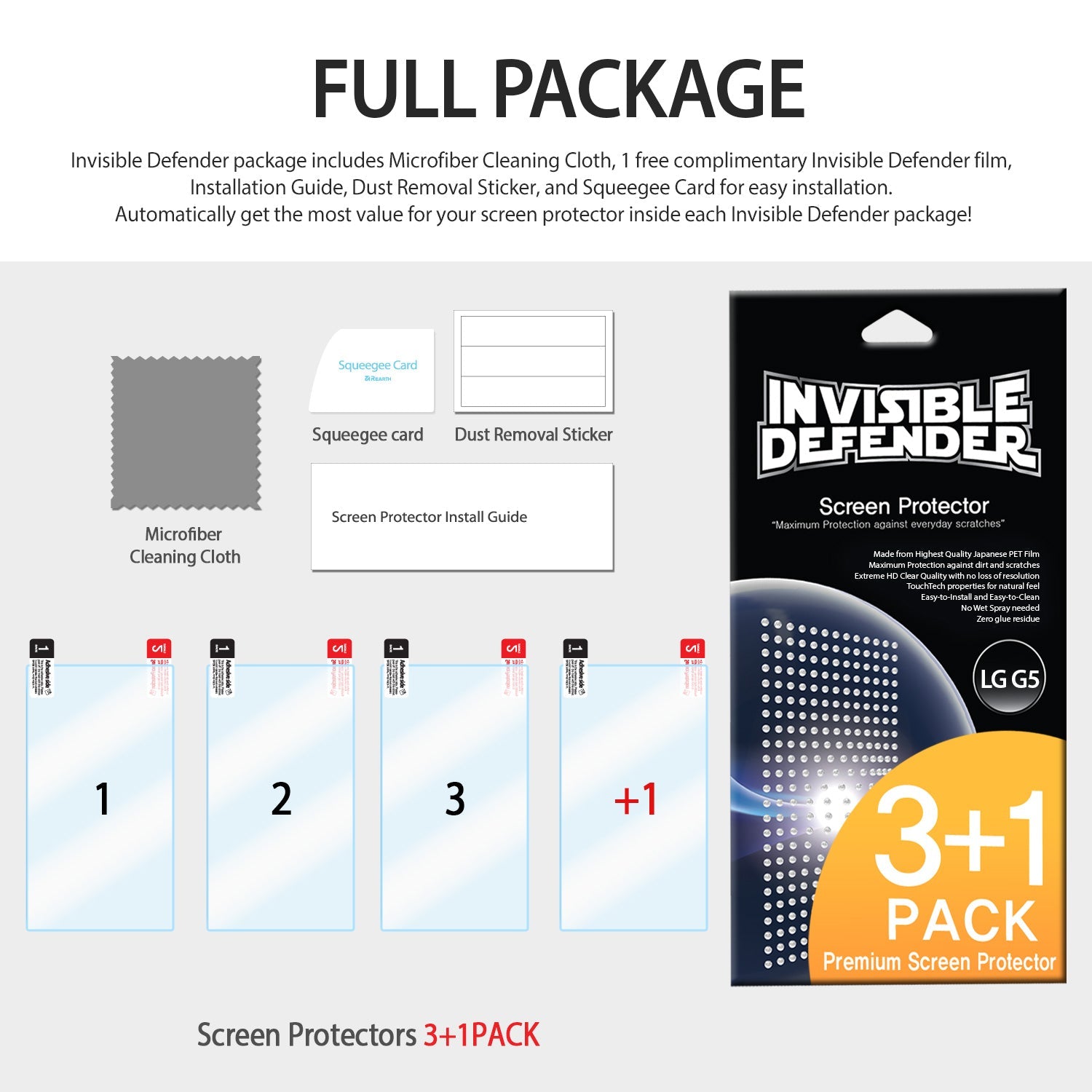 LG G5 Screen Protector | Invisible Defender - Package contents including four screen protectors, cleaning cloth, and tools.