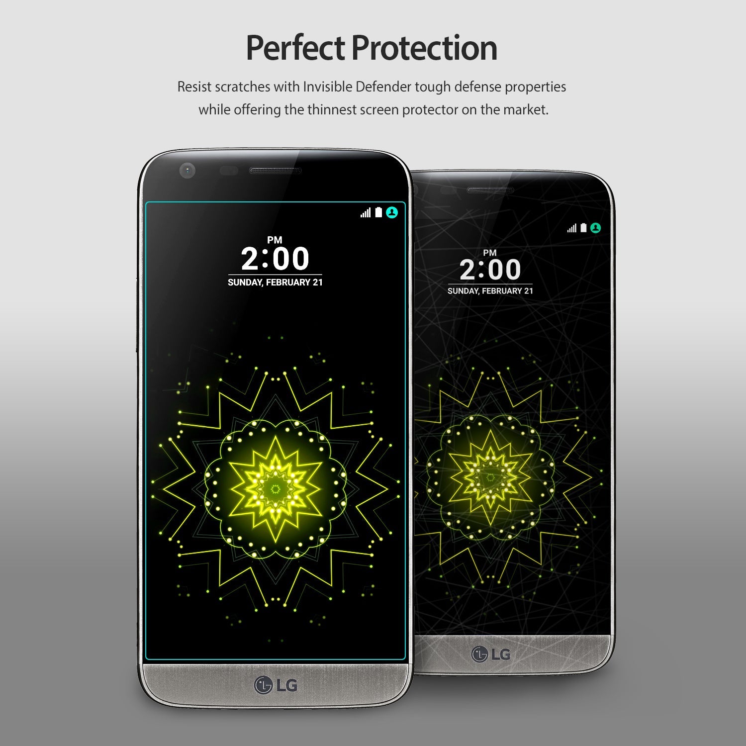 LG G5 Screen Protector | Invisible Defender - LG G5 Screen Protector - Two LG G5 smartphones side-by-side, one with a thin screen protector outline visible.