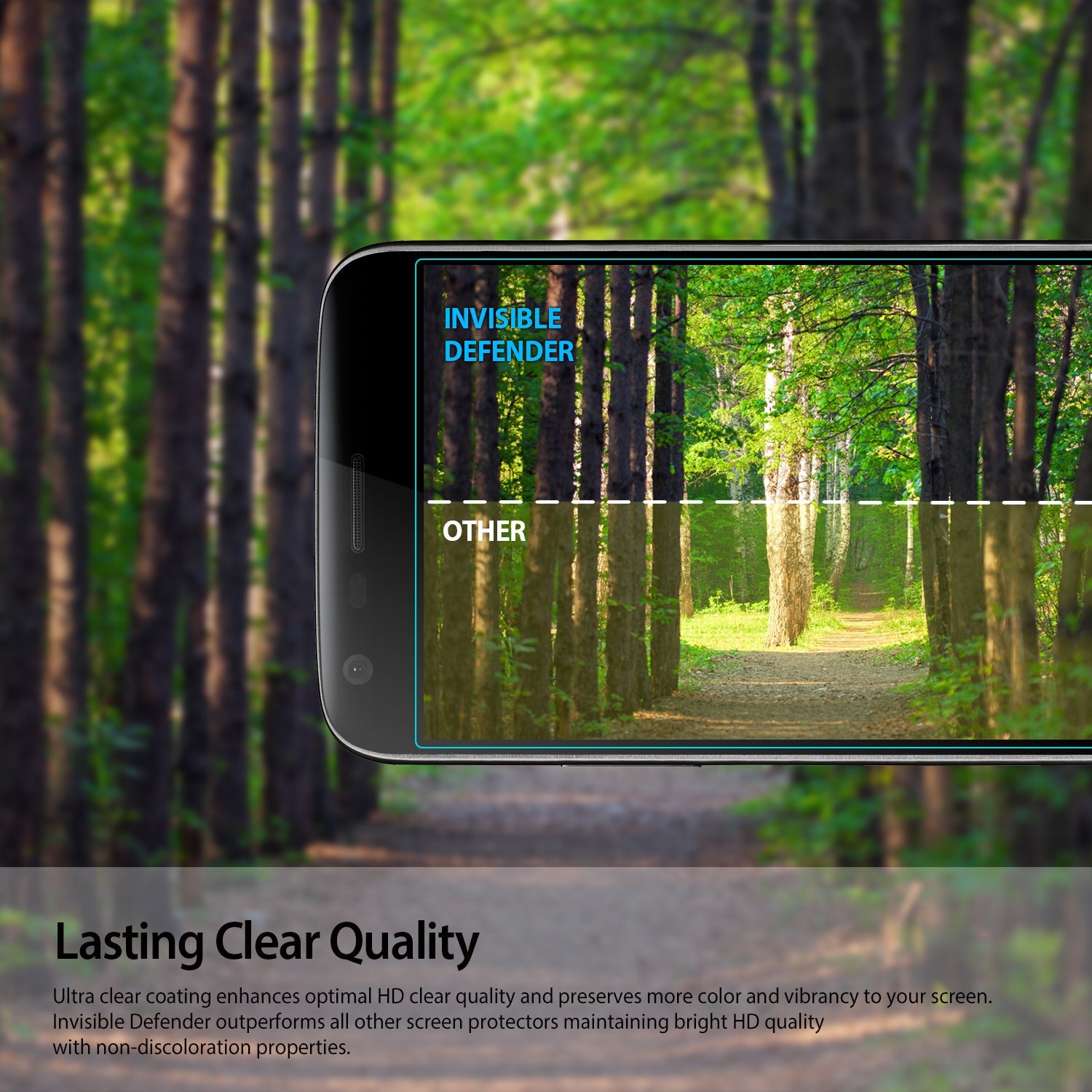 LG G5 Screen Protector | Invisible Defender - Split-screen comparison showing superior clarity of Invisible Defender vs other.